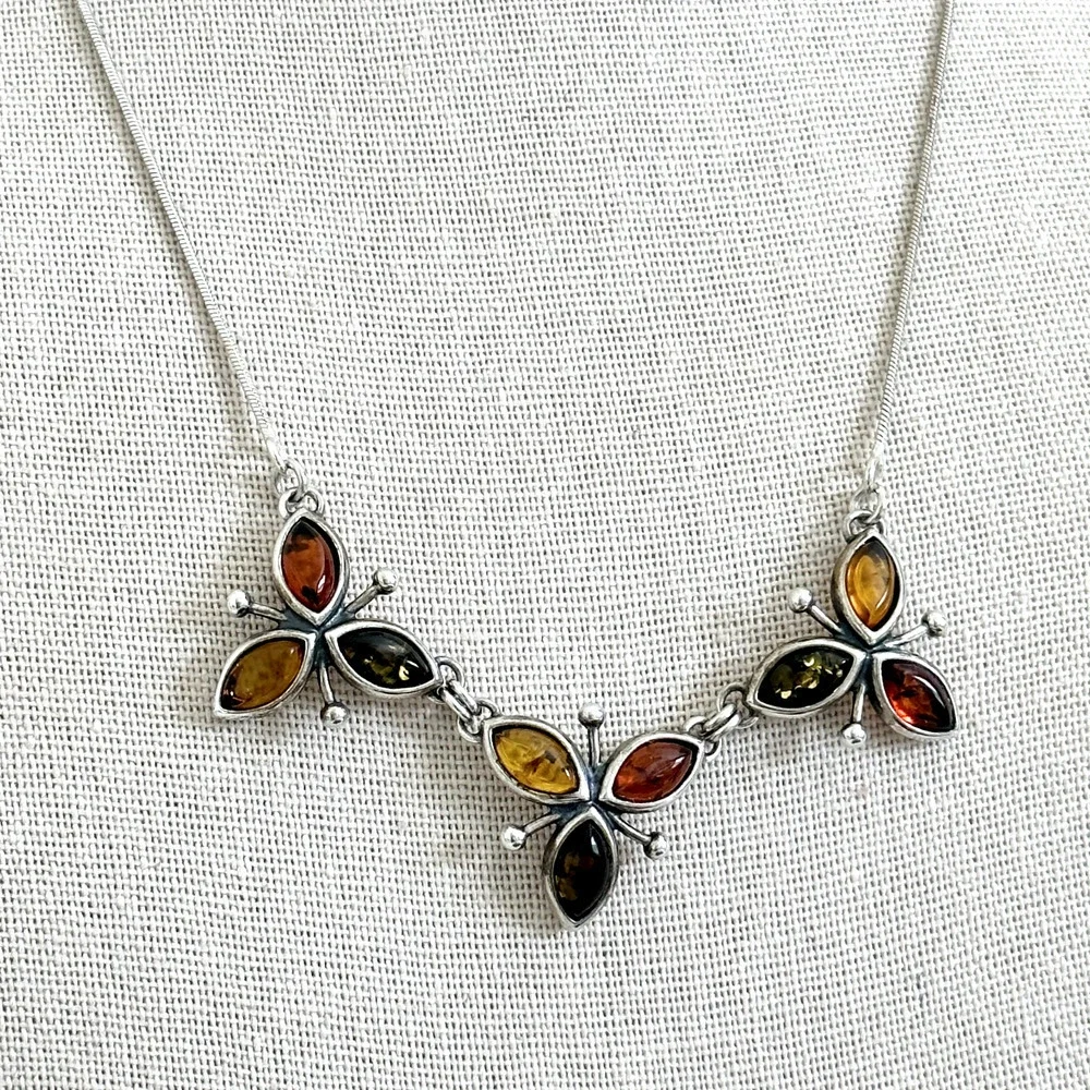 Vintage 925 Sterling Silver Natural Amber Cabochon Three Flowers Necklace 18